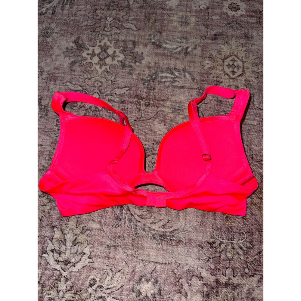 Victorias Secret Plunge Bra Neon Pink 34B Underwire Padded Smooth Logo Charm - Picture 3 of 4
